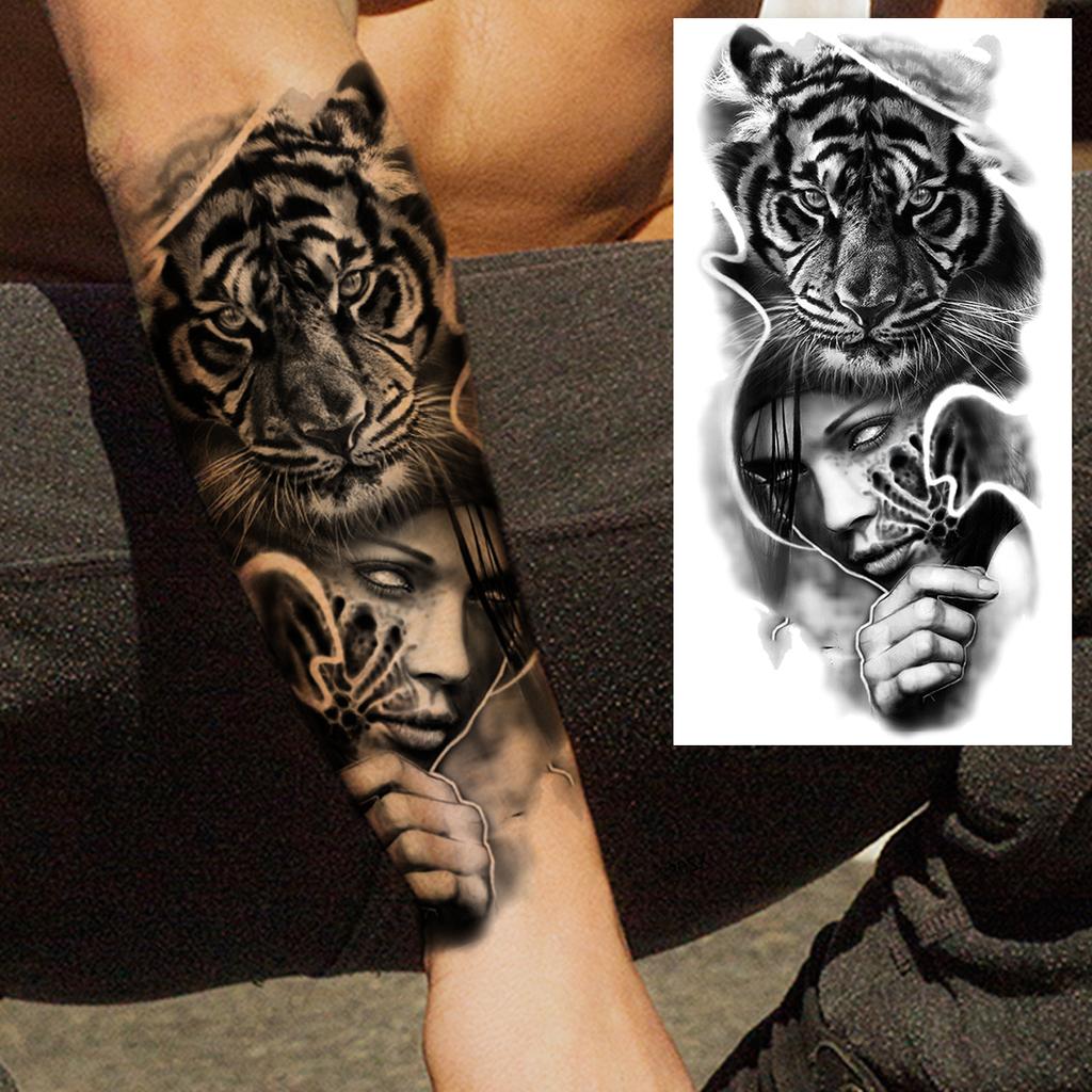 1 Sheet Lion Wolf Skeleton Nun Tiger Black Temporary Tattoos For Men Adult Leg Arm Compass Flower Fake Tattoo Sticker Waterproof