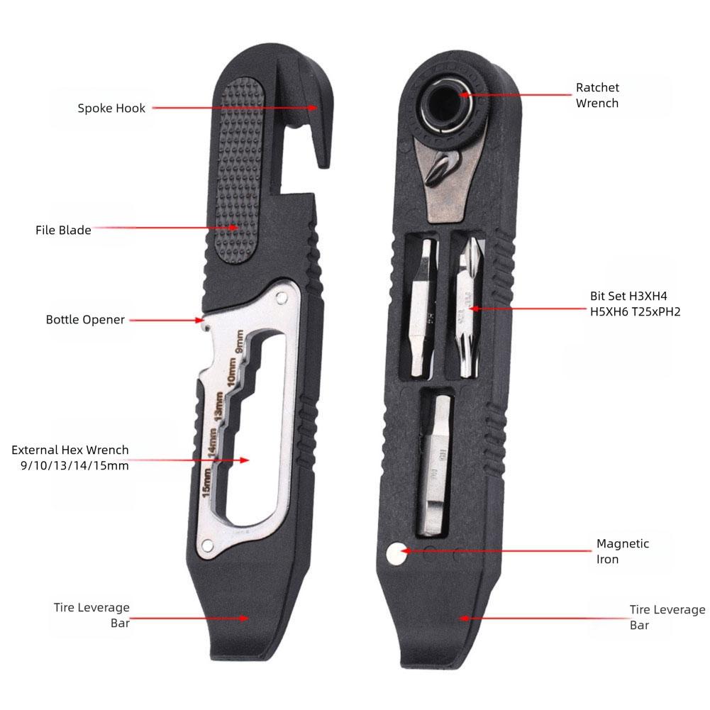 Bike Tire Lever,Multi-Function Hex Wrench Spokes Hook Tool Kit,Integrated Tire Levers Hex Ratchet Set,Essential Bike Accessories