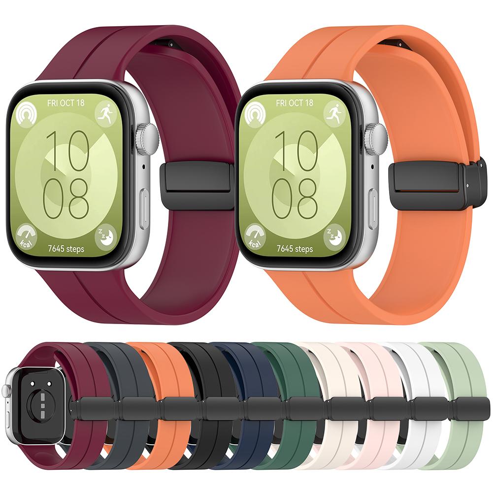 Silicone Strap Soft Watch Band Sweatproof Magnetic Folding Buckle Replacement Watchband Adjustable for Huawei Watch Fit 3 Strap