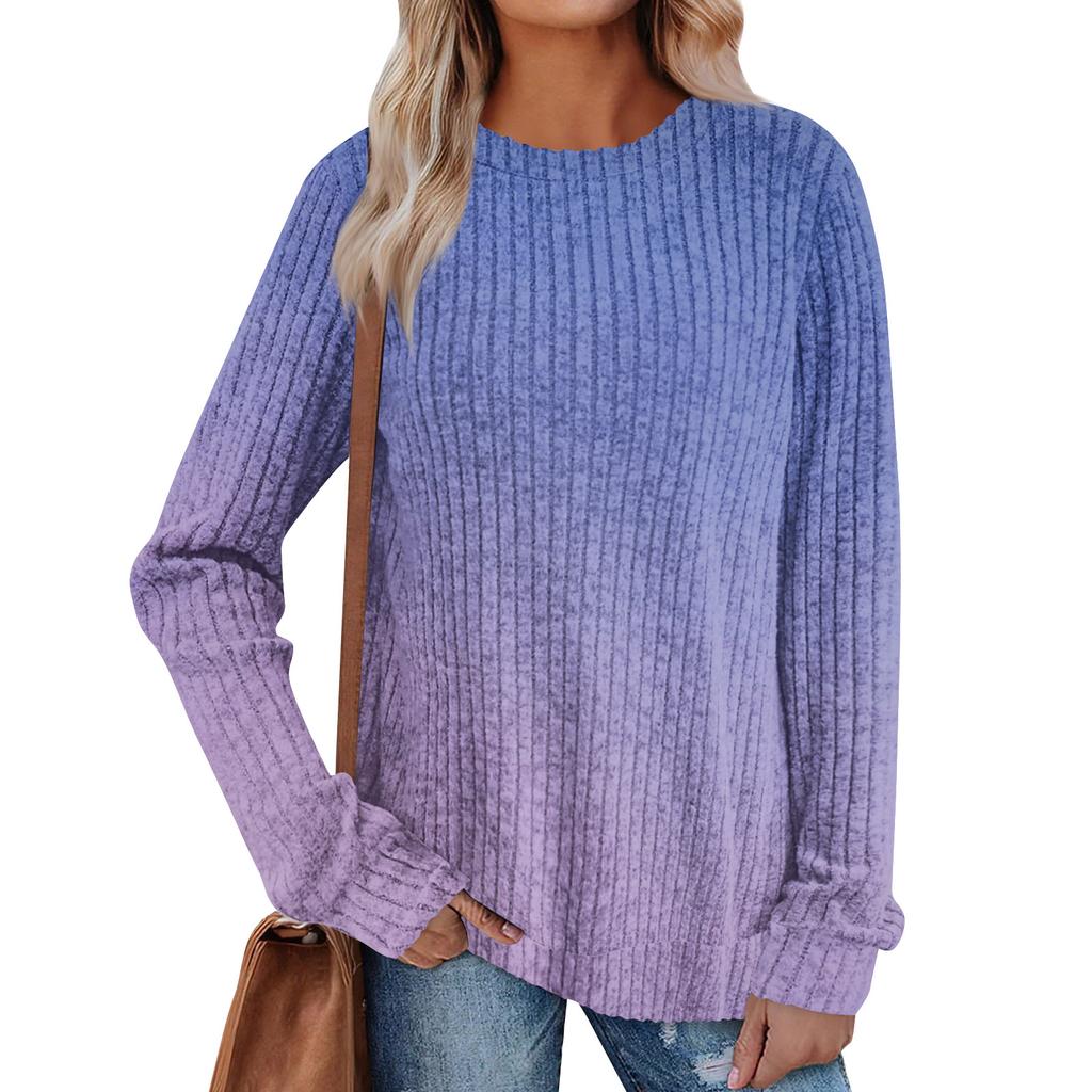 Women's Winter Color-Block Printed Lightweight Brushed-Cotton Round Neck Top