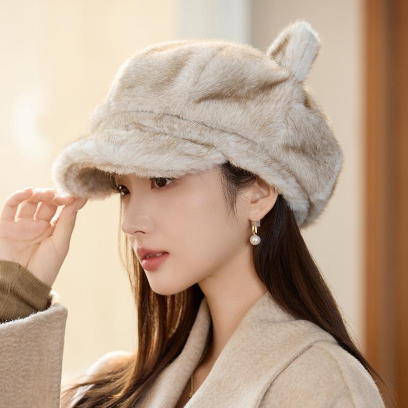 Осень и Зима Женская Мода Милые Кошачьи Ушки Флисовая Шапка Уличная Ветрозащитная Холодная Теплая Восьмиугольная Шляпа