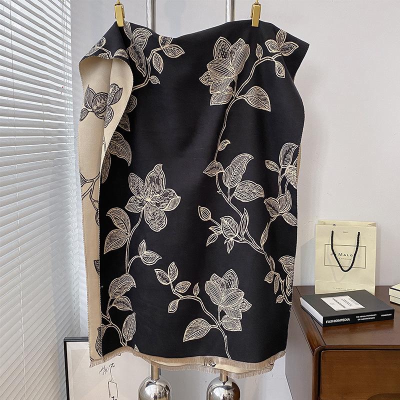 Imitation Cashmere Double-Sided Contrasting Color Versatile Plant Printing Double-Sided Warm Scarf Shawl Outer Women