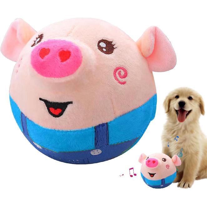 Active Moving Pet Plush Toy, Interactive Dog Pig Toy Pet Bouncing Balls, USB Rechargeable Interactive Washable Cartoon Pig Plush Sound Electronic Dog