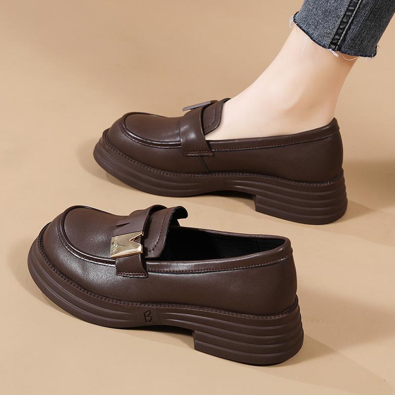 Retro Women Leather Shoes Low-cut Slip-on Loafers Waterproof Ladies Elegant Chunky Shoes for Walking Traveling Non-slip Soft Sole