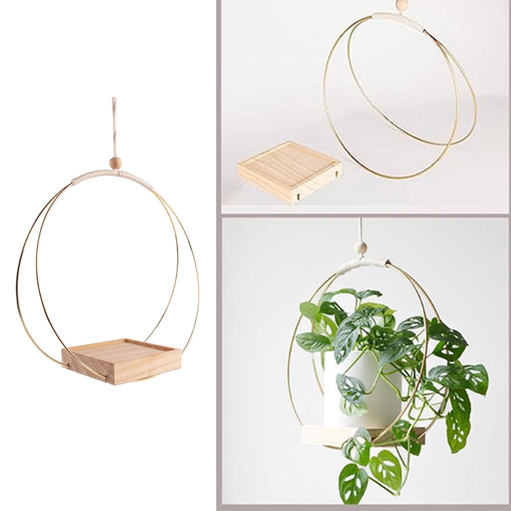Macrame Hanging Basket Holder Golden Flower Pot Hanger Hanging Plant Wooden Hanging Basket for Indoor Outdoor Garden