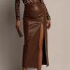 High Waist Leather Slit Midi Skirt - European & American Style, Slimming Bodycon, Solid Color