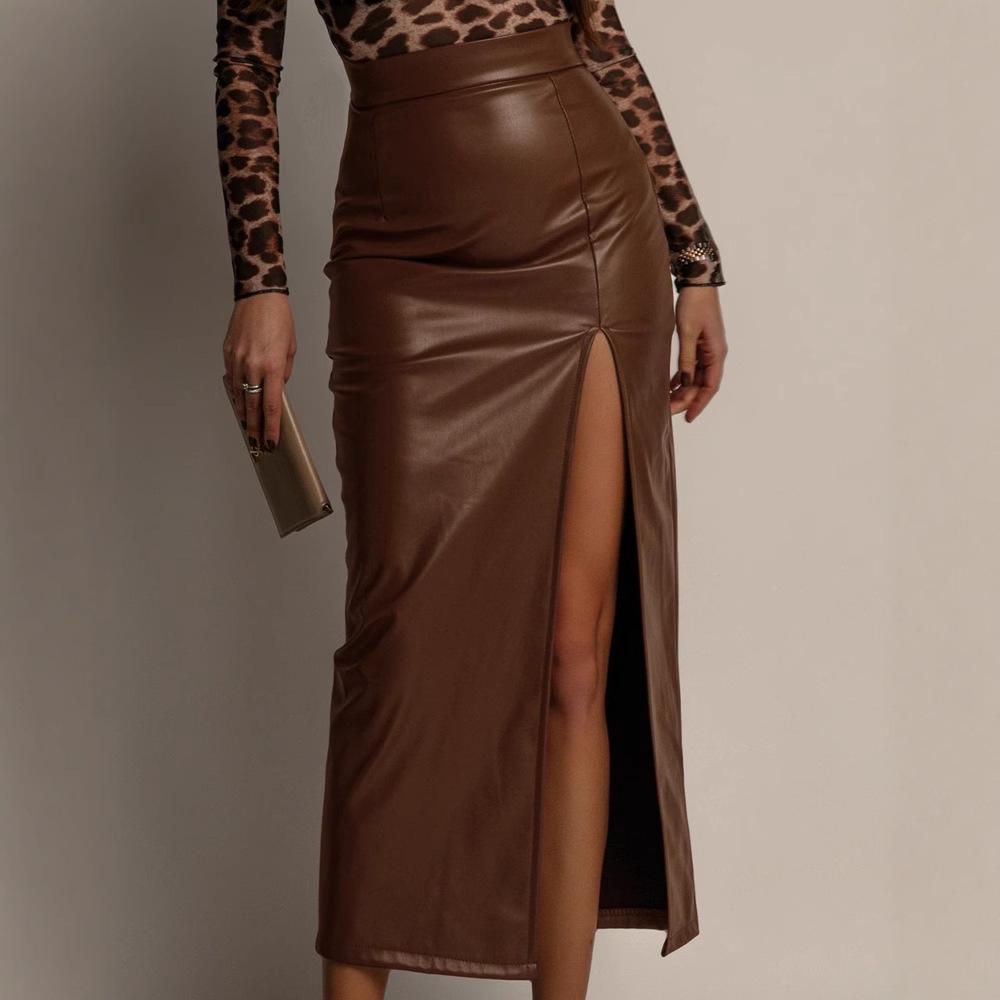 High Waist Leather Slit Midi Skirt - European & American Style, Slimming Bodycon, Solid Color