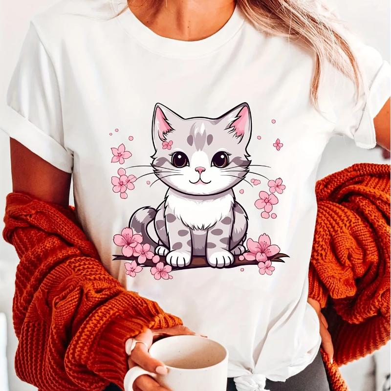 

Cute Cat and Cherry Blossom Print Round Neck T-shirt Casual Short Sleeved Japanese T-shirt Suitable for Summer Women s Clothing XS белый