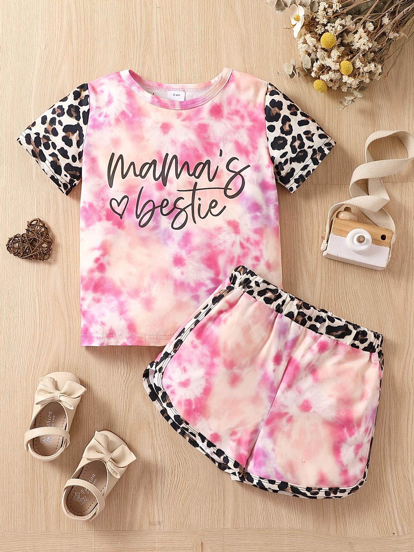 Two-piece summer girls  letter-style leopard-print tie-dye short-sleeved shorts and pants fashion set for casual wear 18-24M розовый