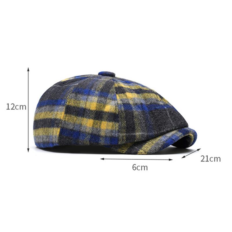 Color Check Octagonal Cap Men Women Autumn Winter Wool Warm Forward Cap British Newsboy Cap Beret
