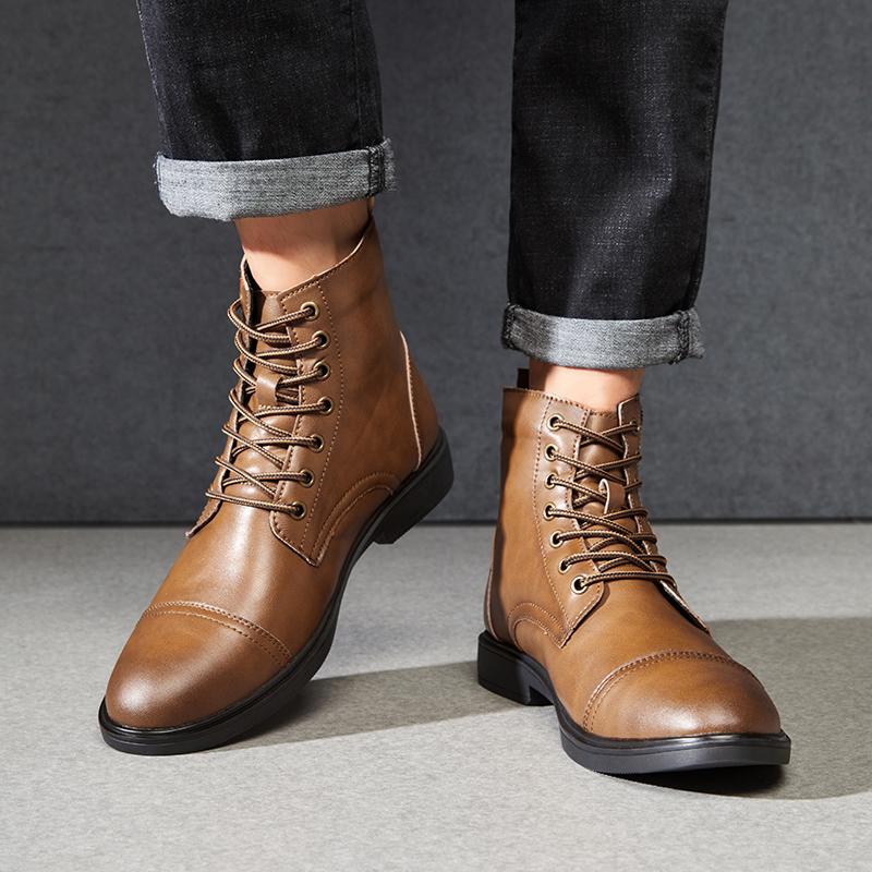 Men’s Motorcycle Boots Winter Black Leather Street Style Ankle Boots with Fur for Men Plus Size High Top