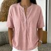 Women’s Short Sleeve Henley Linen Shirt Casual Loose Fit Blouse with Button Front and Round Neck for Everyday Wear