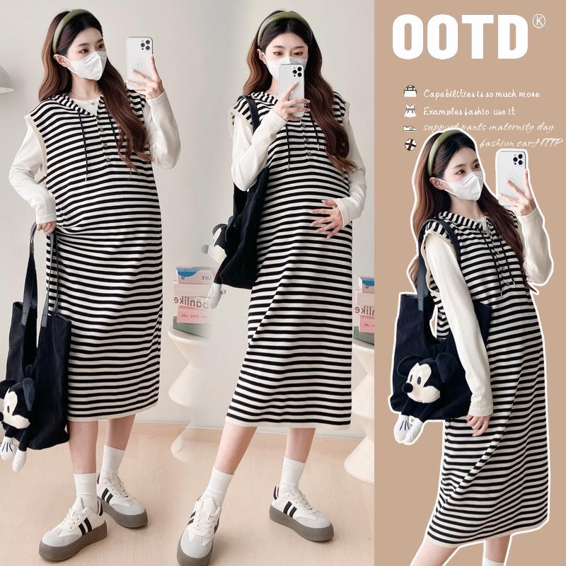 2026 Spring Korean Maternity Striped Slimming Two-Piece Dress M