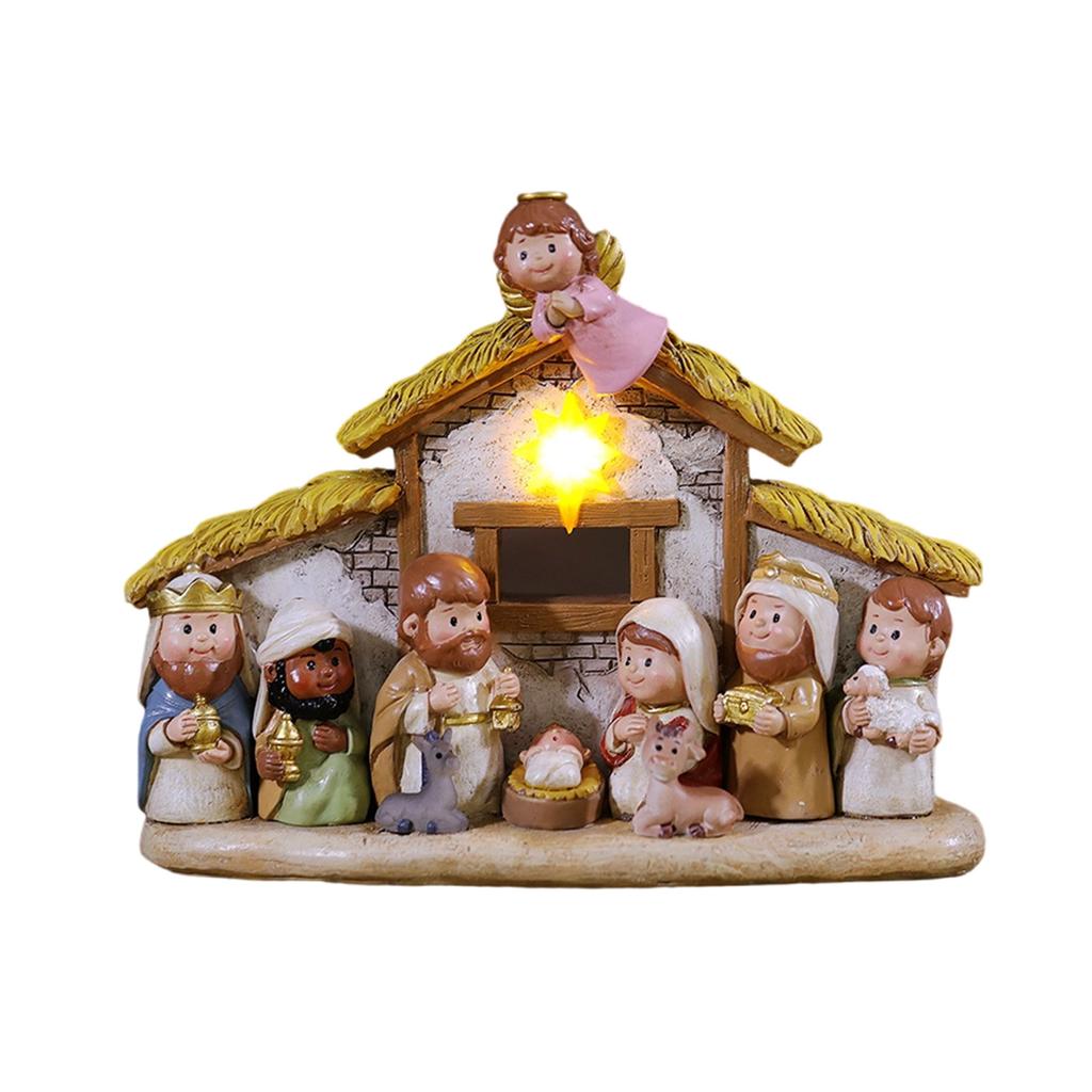 Miniature Nativity Playsets for Christmas Resin Figures Nativity Scene with LED Light Indoor Christian Faith Display