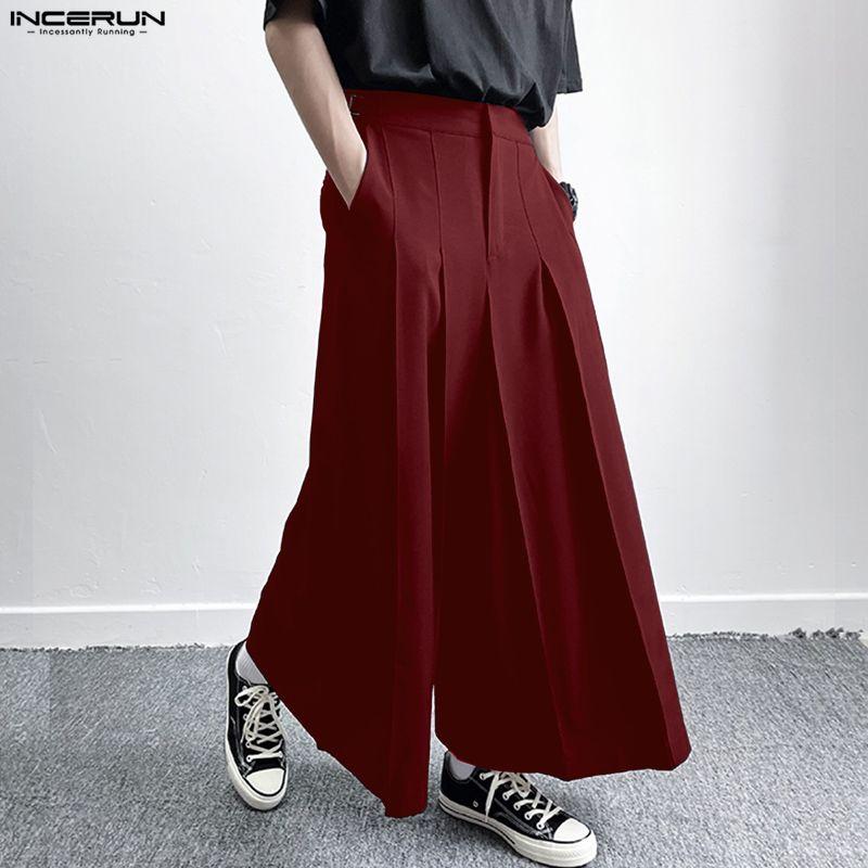 INCERUN Men Casual Zip-up High Waist Long Pleating Wide Legs Pants Trousers