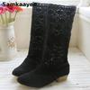 34-43 Women Hollow Boots Breathable Shoes Summer Female Knee High Botas Mesh Knit Line Flats Slip-On Solid Color Ankle Footwear