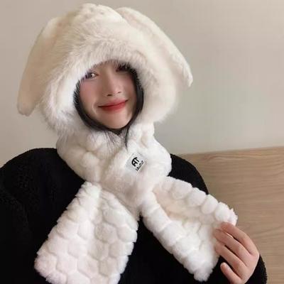 Plush Hooded Hat Scarf Set Thicken Lei Feng Hat Kawaii Fluffy Bomber Hats  For Cold Weather