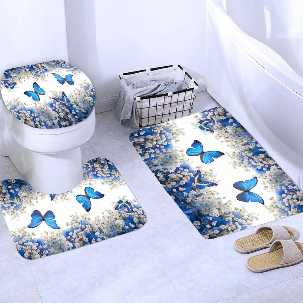 Waterproof Bathroom Shower Curtain Beautiful Blue Flower Butterfly Bath Curtain Sets Toilet Cover Non-Slip Mat Rug Carpet Decor