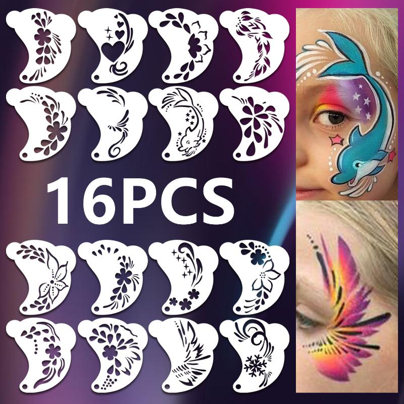 16Pcs Face Painting Tattoo Stencil Set Reusable Hollowed Body Art Paint Stencils Diy Eyebrow Templates Hand Drawn Spray Painting