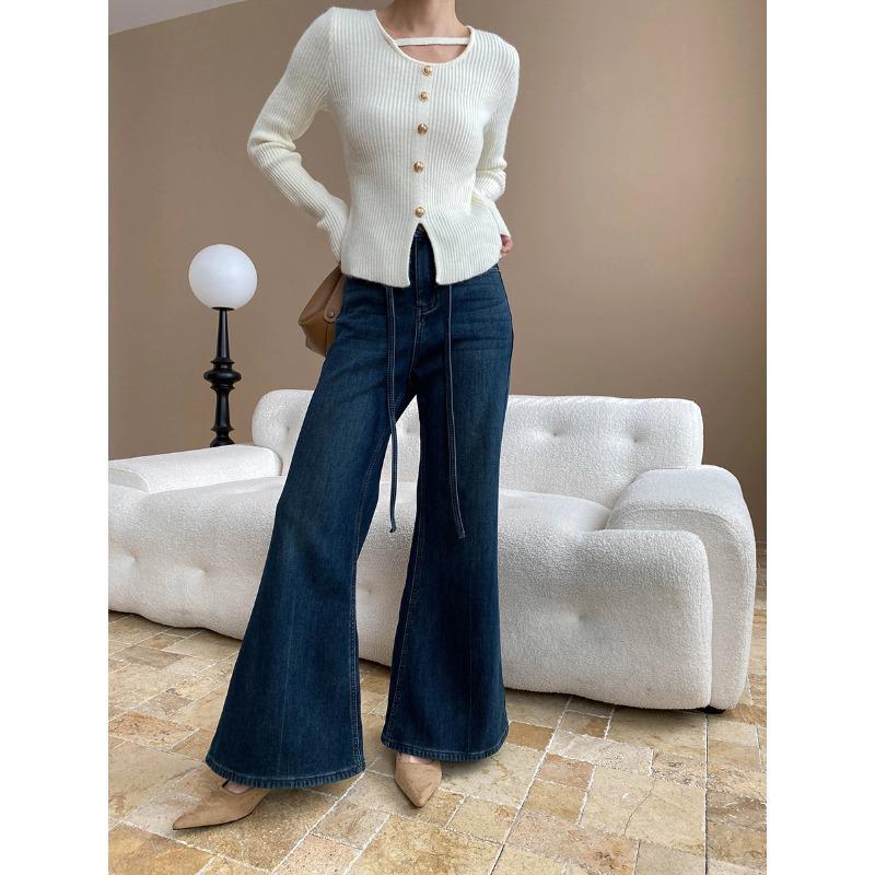 Sinan Supermodel SN6917 Dark Blue High-Waisted Fleece-Lined Wide-Leg Flared Jeans S