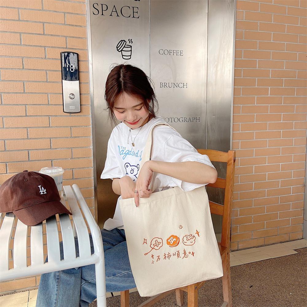 Stylish Embroidered Canvas Tote Bag For Trendy Girls With Large Capacity Soft Fabric