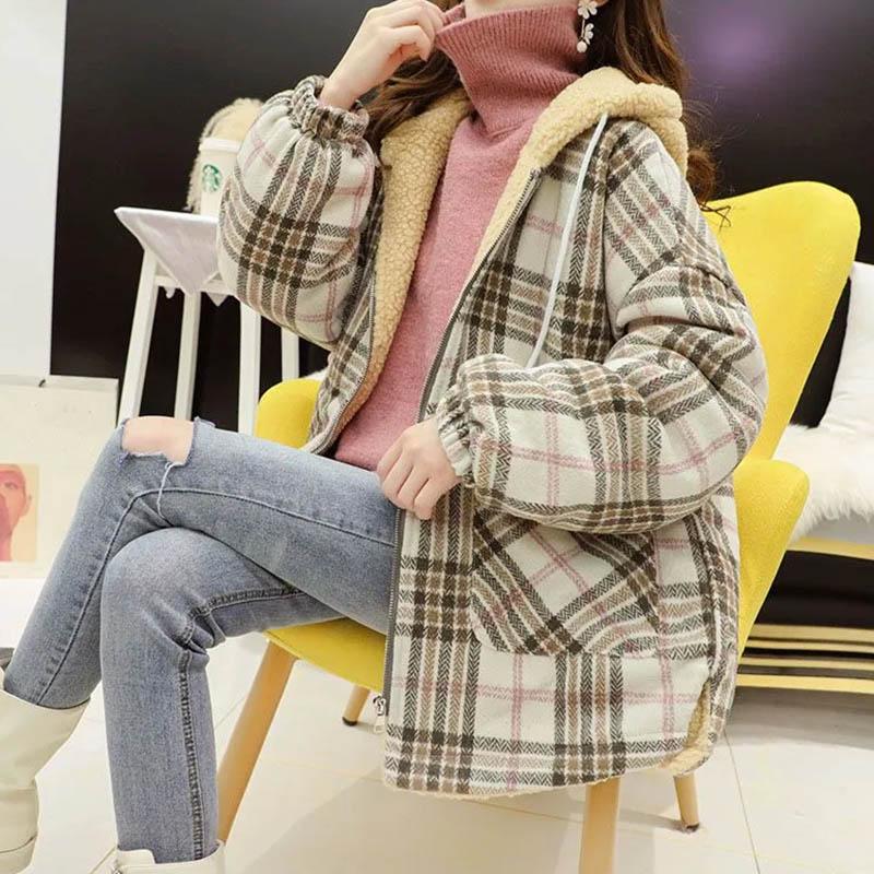 

Женская зимняя повседневная универсальная куртка с капюшоном, утепленный толстый свитер в клетку, теплый, двойной свободный верх XXL бежевый