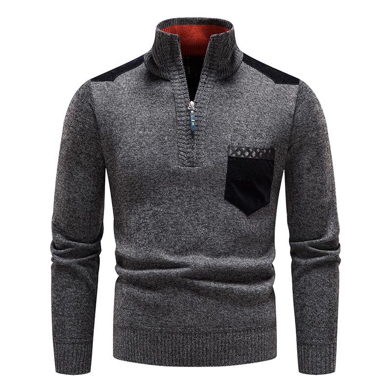 Winter Men Stand Collar Sweater Men Patchwork Knitwear Jumpers Slim Fit Brown Knitted Sweater Male Fleece Warm Pullover