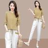 Cotton Linen Women Short-Sleeved Shirt Nine-Point Pants Two-Piece Female Top Set