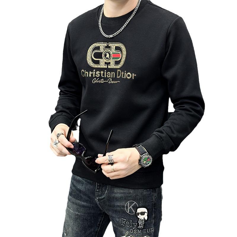 European Fashion Men's Long Sleeve Autumn/Winter Round Neck Sweater - White Casual with Hot Diamond Embossed Design
