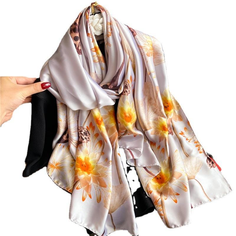 Lotus Root Pond Luxury Scarf Women's Goods New Silk Scarf Long Large Size Travel Shawl Sun Protection
