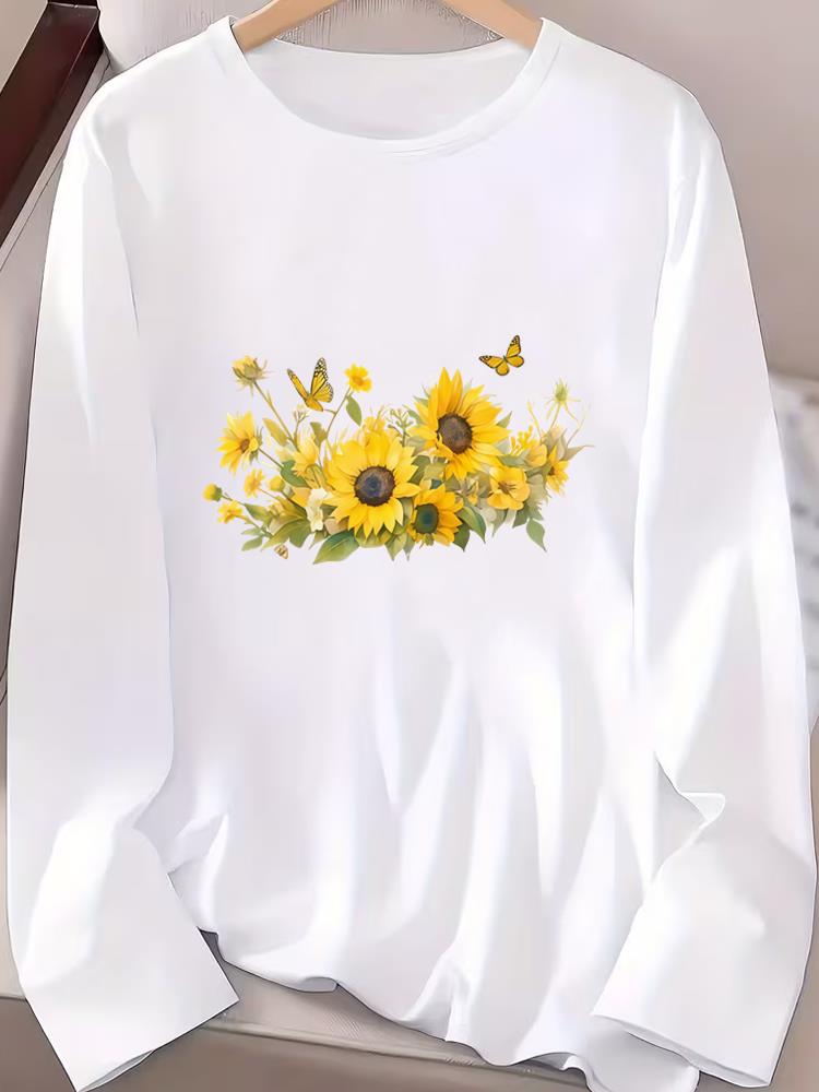 (Asian Size) style flower autumn winter Graphic Tee spring o-neck Print T Shirt Casual Clothing Women Fashion Top Long Sleeve T-shirts