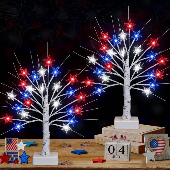 Independence Day LED Star Tree Decoration 18/24-Inch Patriotic Tabletop Light with 24 Red White Blue Stars 8 Modes Timer USB & Battery Powered 4th of