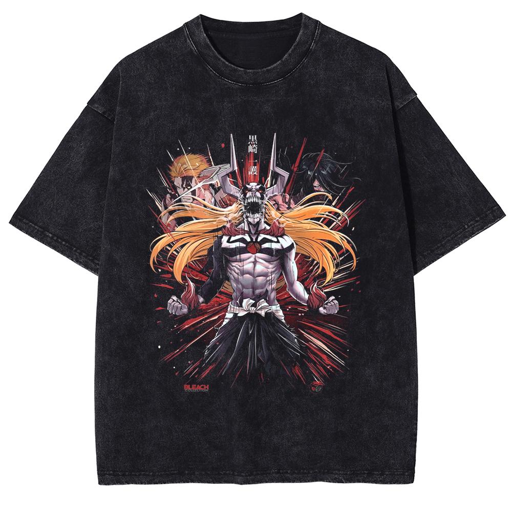 BLEACH T Shirt Manga Kurosaki Ichigo Print Tshirt Men Unisex Clothes Vintage Washed Streetwear Short Sleeve Cotton Tee Shirt