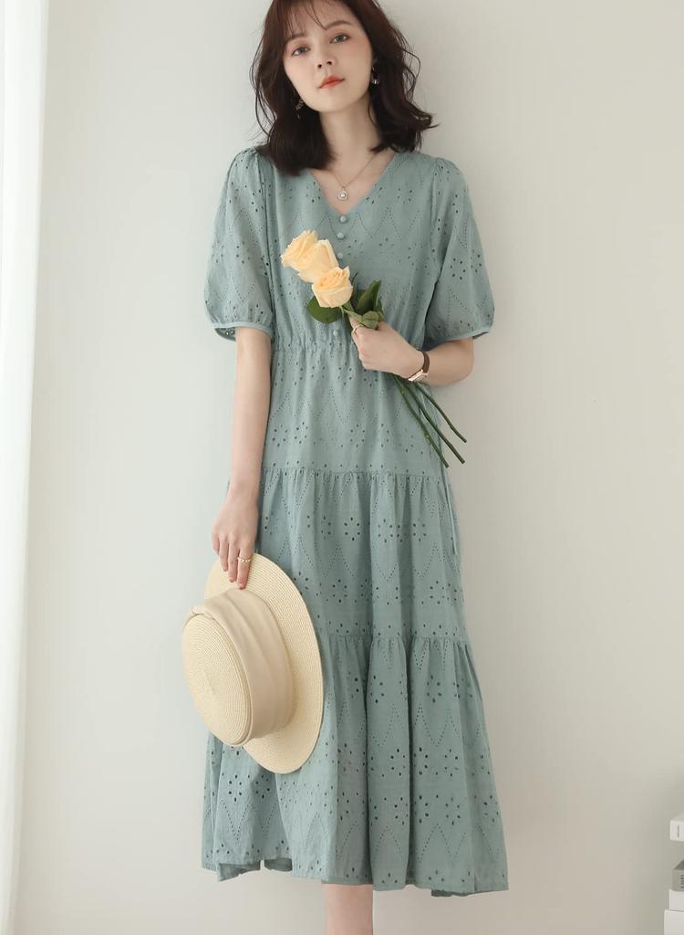 Sueeya Long Dress with Embroidered Short Puff High Stylish Perfect for and Outings in Summer Women's Lace, Sleeves, Ruffles, Sleeves, Waist, Ribbon,