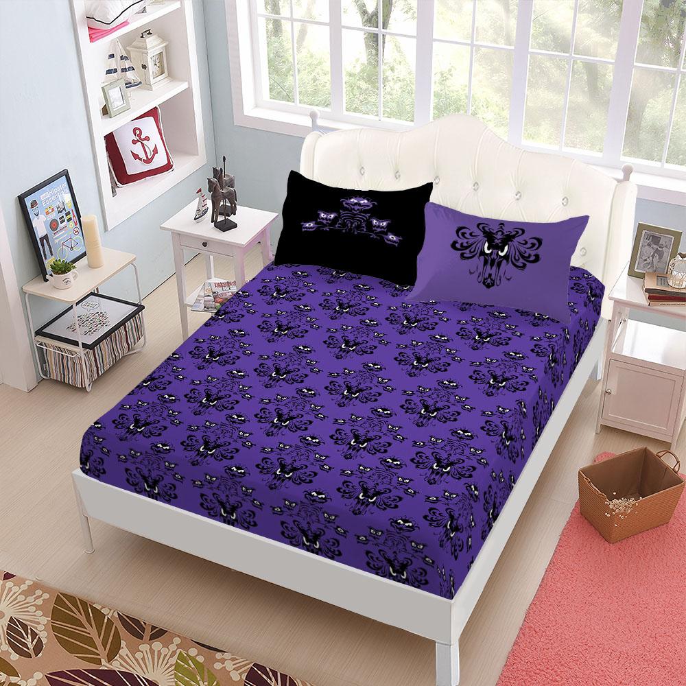 Gothic Haunted Bats Pattern Fitted Sheet Set King Queen Double Full Size Bed Linen Set