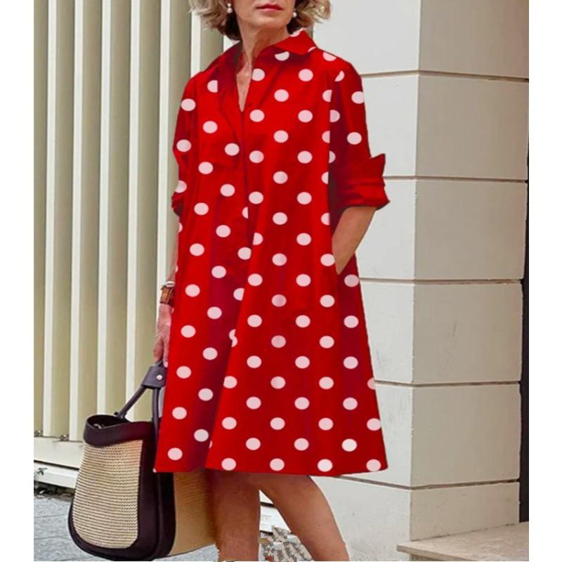 Novos produtos de outono, camisa com gola estampada de bolinhas de temperamento fashion, manga comprida, vestido médio e longo