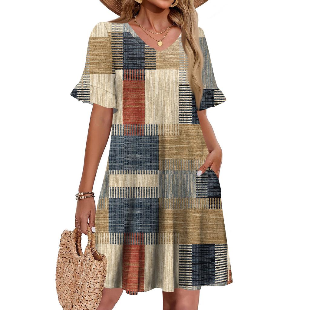 Women A Line Sun Dress Short Sleeve V Neck Printed Dress With Pockets