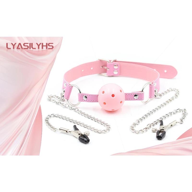 Breathable Pink Leather Bondage Gag Mouth Ball with Adjustable Metal Chain Nipple Clamps -Ultimate Pleasure for Adult Women