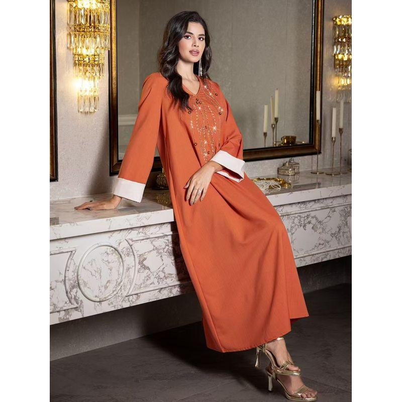 

Новое поступление Ближний Восток Оранжевое платье с V-образным вырезом Свободное платье Платье с бриллиантами ручной работы Платье с бриллиантами ручной работы Orange L