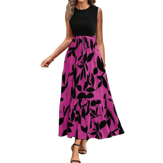 Women Summer Dress Round Neck Short Sleeve Printing Splicing Design Midi Dress Flowy Hem Beach Party Dress