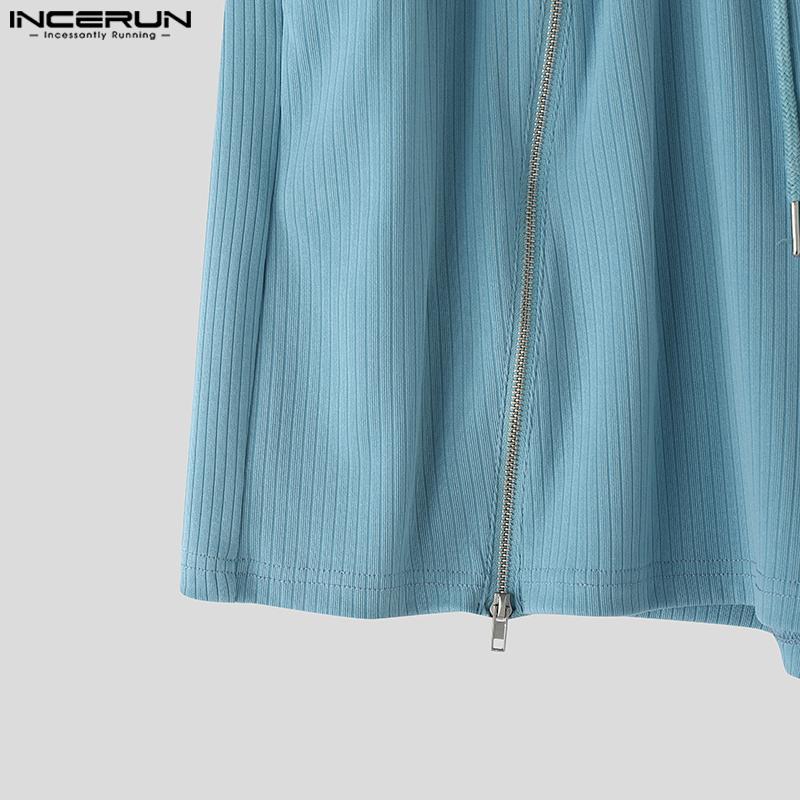 INCERUN Men Drawstring Elastic Waist Side Zip-up Casual Rib Shorts Pants Home Wear