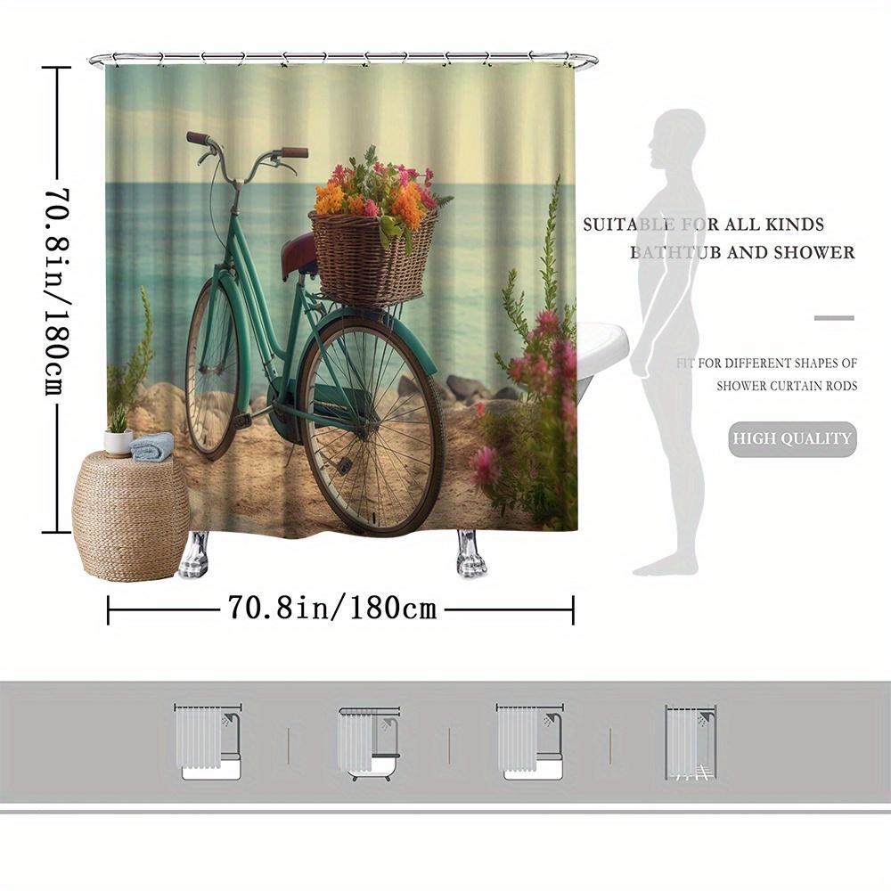 Coastal Bicycle Shower Curtain, Vintage Bike & Ocean Scene, Fade-Resistant Polyester, Machine Washable, Bath Decor