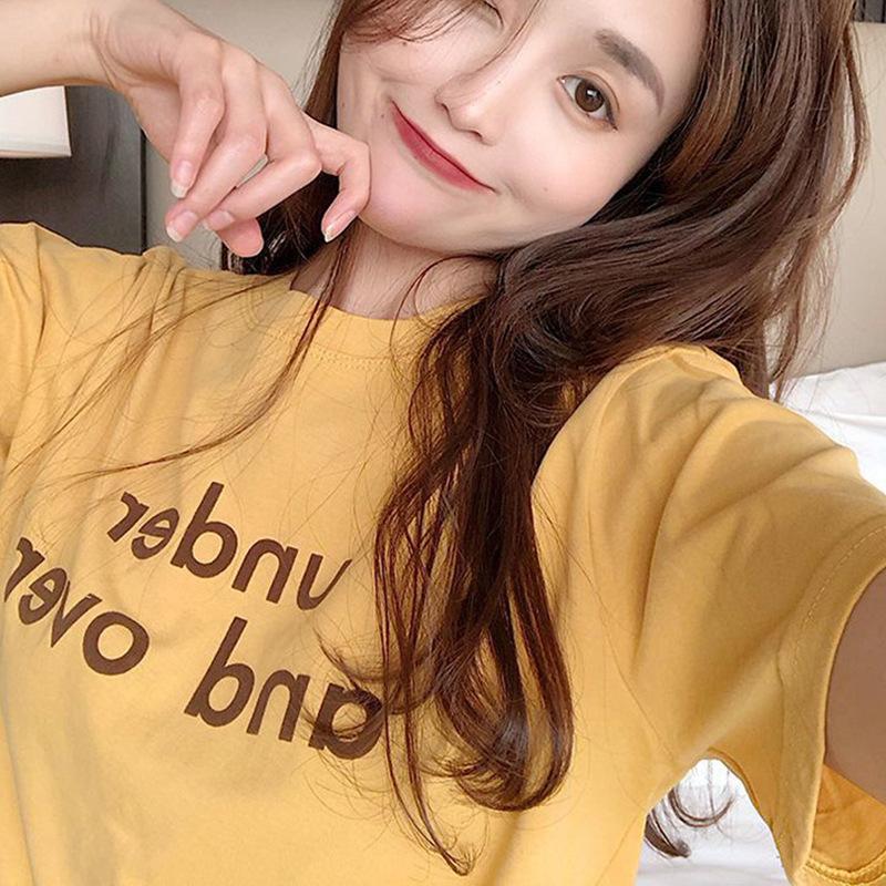 

Футболка с короткими рукавами, женская летняя новая корейская версия, круглый вырез, свободный узор с буквенным принтом, студенческий топ, футболка, женская одежда XXL жёлтый