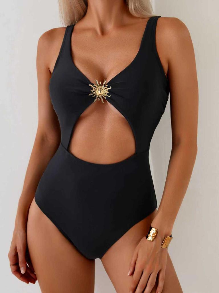 2024 Black One-Piece Swimsuit: European & American Style, Sexy Hollowed-out Slimming Design for Women.