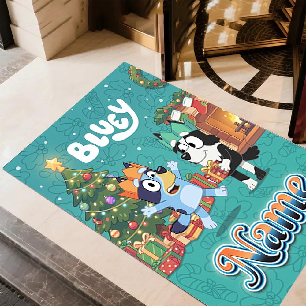 Christmas Bluey Family Customizable Name Floor Mat Suitable for Kitchen Hallway Balcony Outdoor Anti-slip Rug Decorate Offices Wedding Party Gift