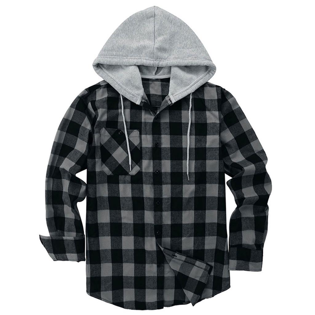 Plaid Pattern Men's Long Sleeve Hooded Shirt Jacket With Chest Pocket, Men's Casual Fall And Winter Coat