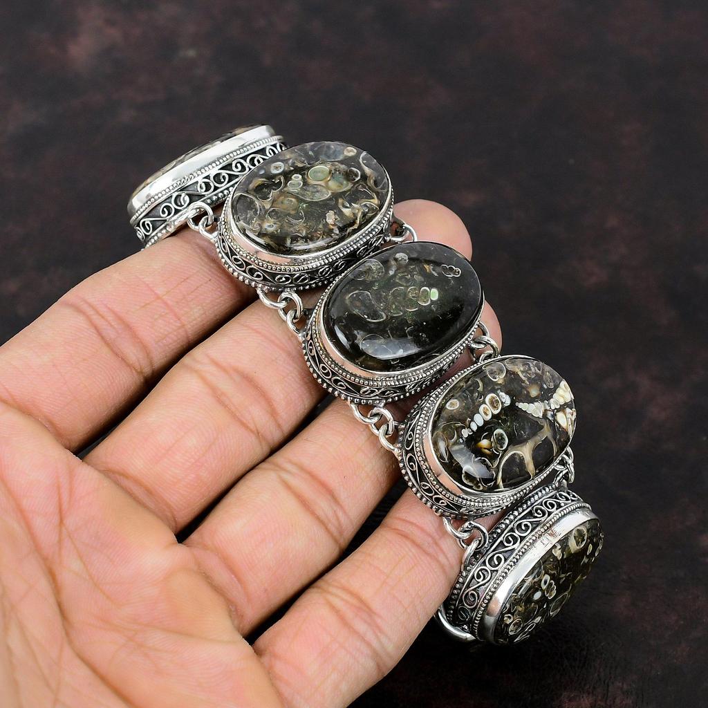 Turritella Agate Bracelet Vintage Bracelet 925 Sterling Silver Bracelet Handmade Gemstone Jewelry Adjustable Chain Bracelet Gift For Mother