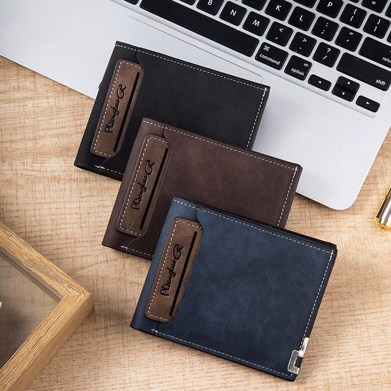 Nubuck Leather Men's Wallet Short Multifunctional Money Clip Fashion Leisure Purse With Iron Edge Card Drawer