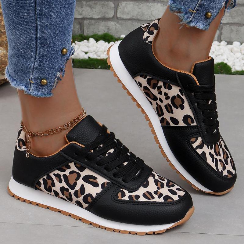 Fashion Leopard Print Women Casual Shoes Autumn Leather Ladies Sports Shoes Lace-up Slip On Fashion 2024 Casual Outdoors Walking Shoes