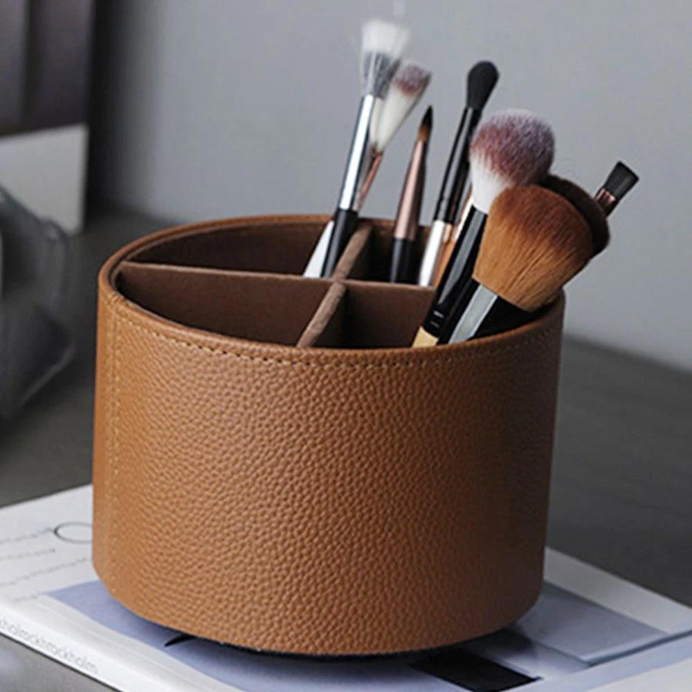 Rotatable 360 Degree Leather Storage Holder Box Makeup Brush Rotating Desktop Rotary Cylinder Cosmetics Shelf Pen Holder